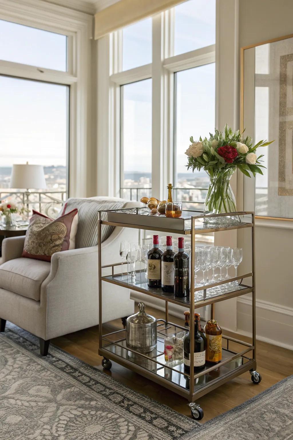 A bar cart adds luxury and functionality.