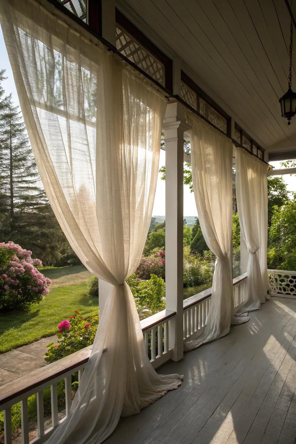 Elegant delicate curtains framing the porch windows.