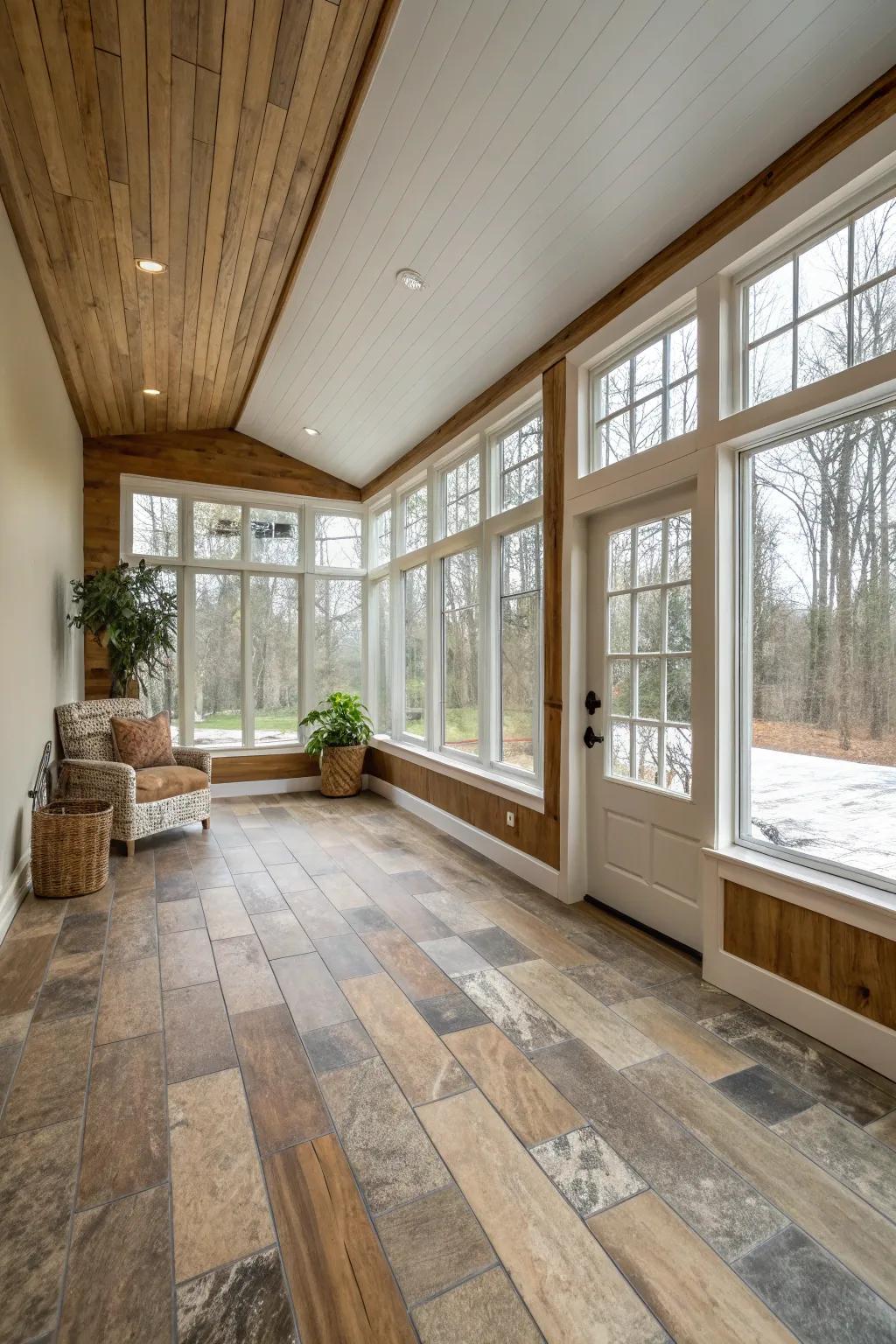 Stylish flooring that complements the room's natural theme.