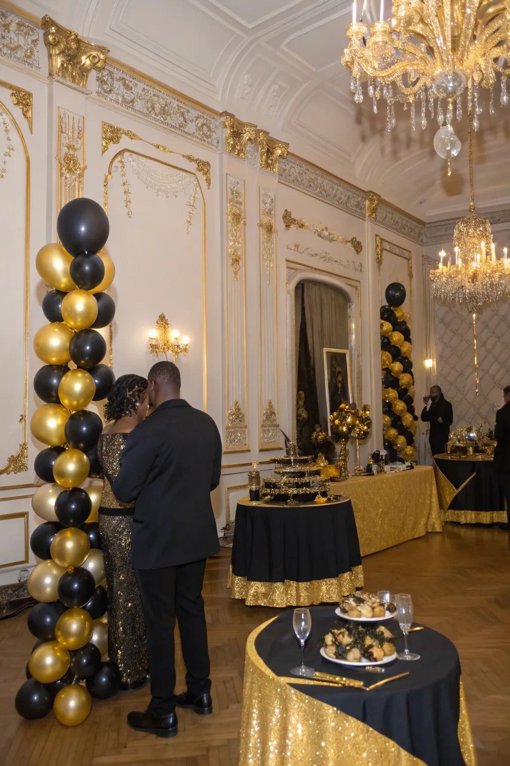 Celebrate in style with a stylish dark and gold celebration.