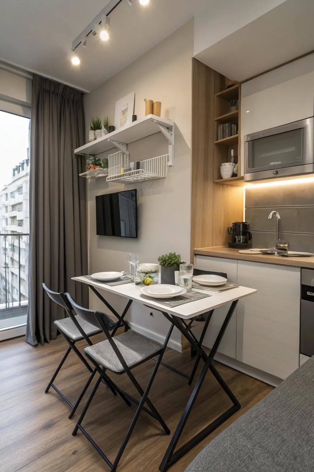 A folding eating table adds versatility to your compact studio living.