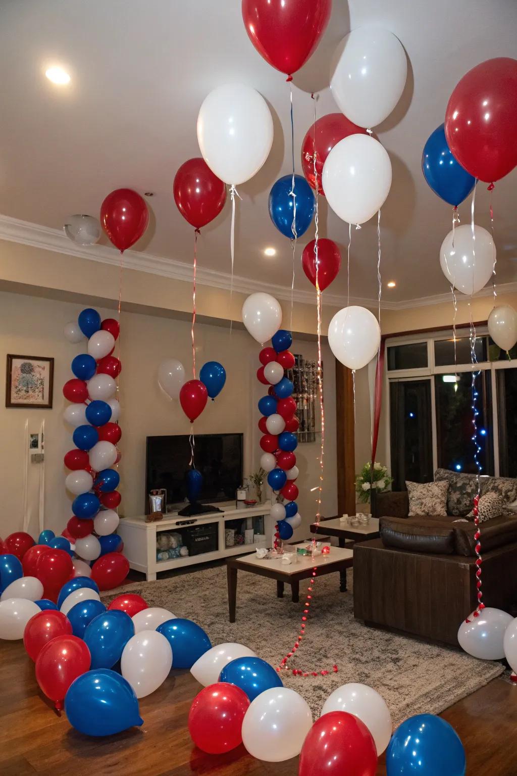 Inflated orbs in nationalistic colors convey celebratory joy to any space.