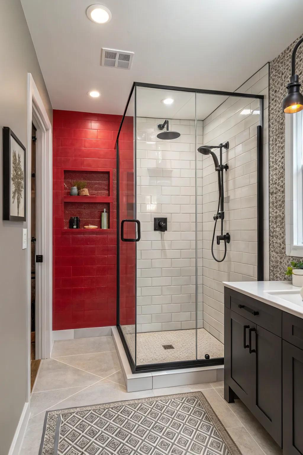 Feature walls bring color and individuality to smaller showers.