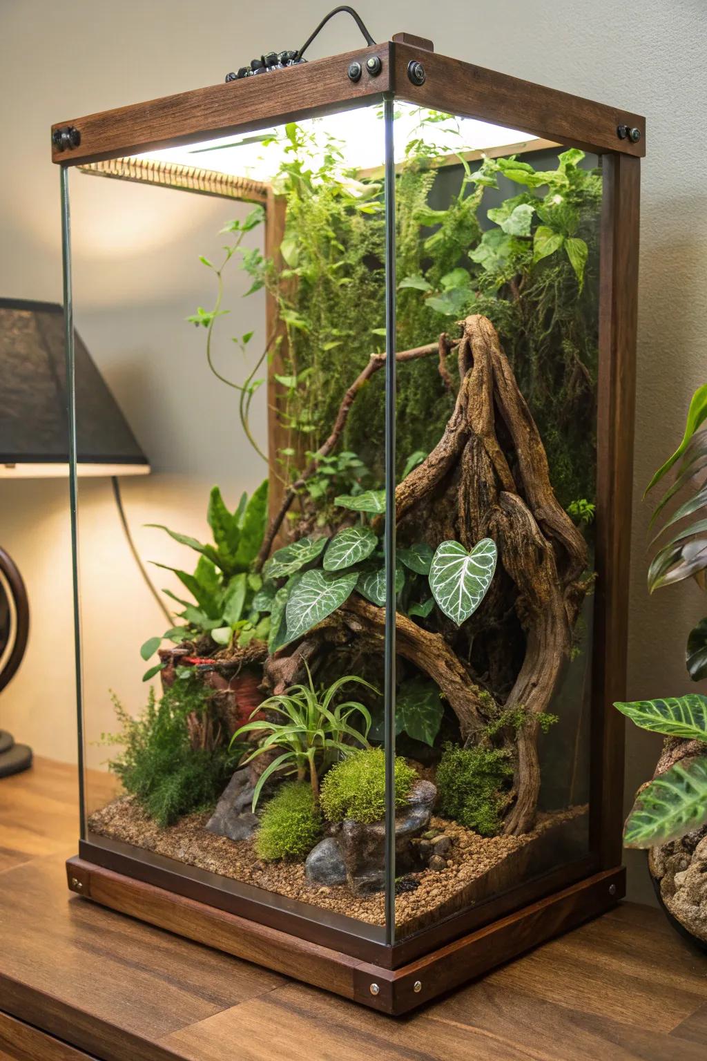 A rainforest getaway terrarium showcasing rich plants.