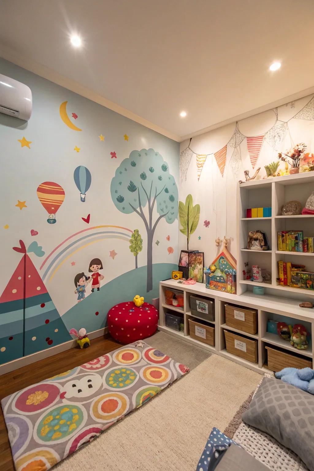 A magical bedroom with a beautiful wall painting.