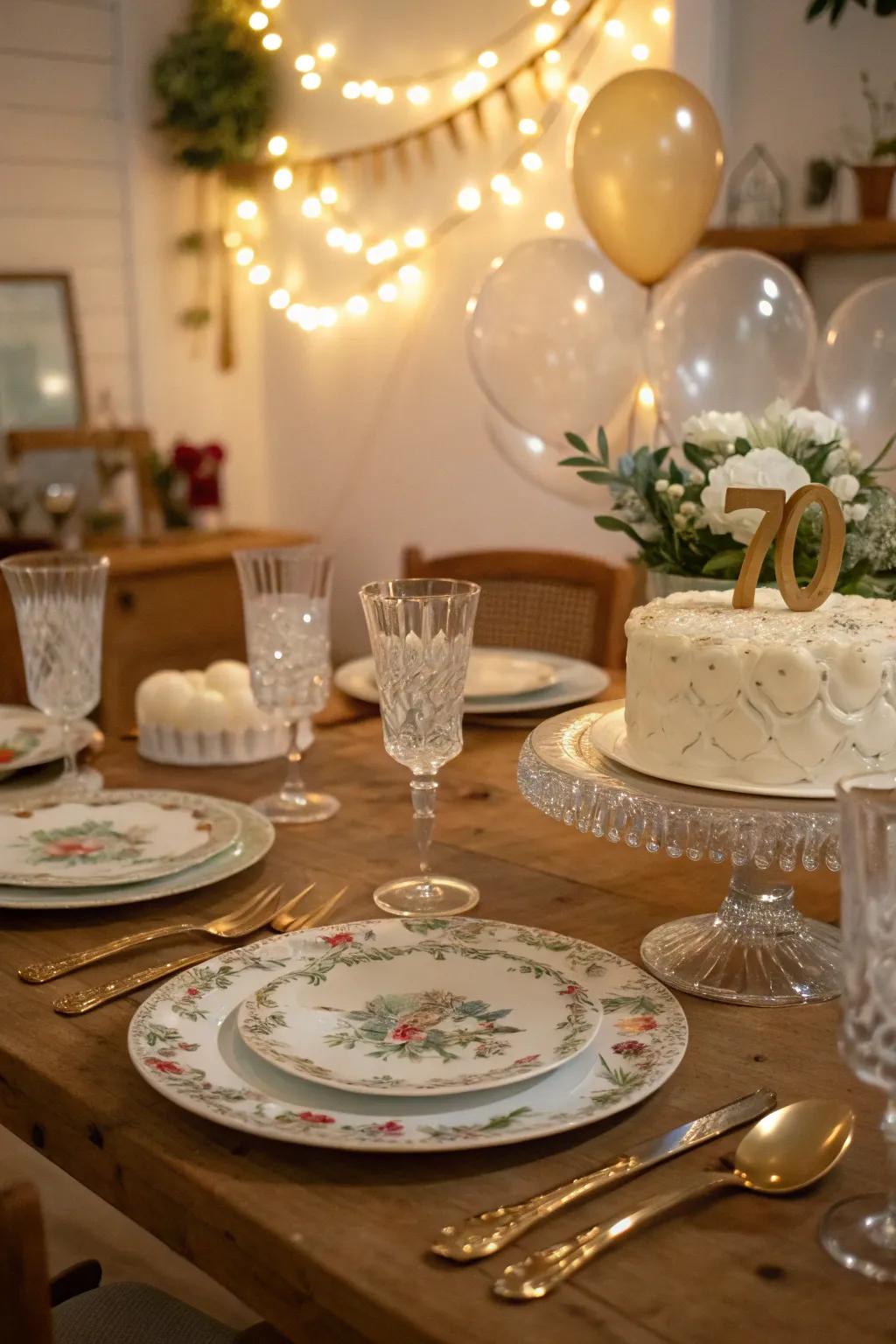 Vintage tableware enhances the charm of the celebration.