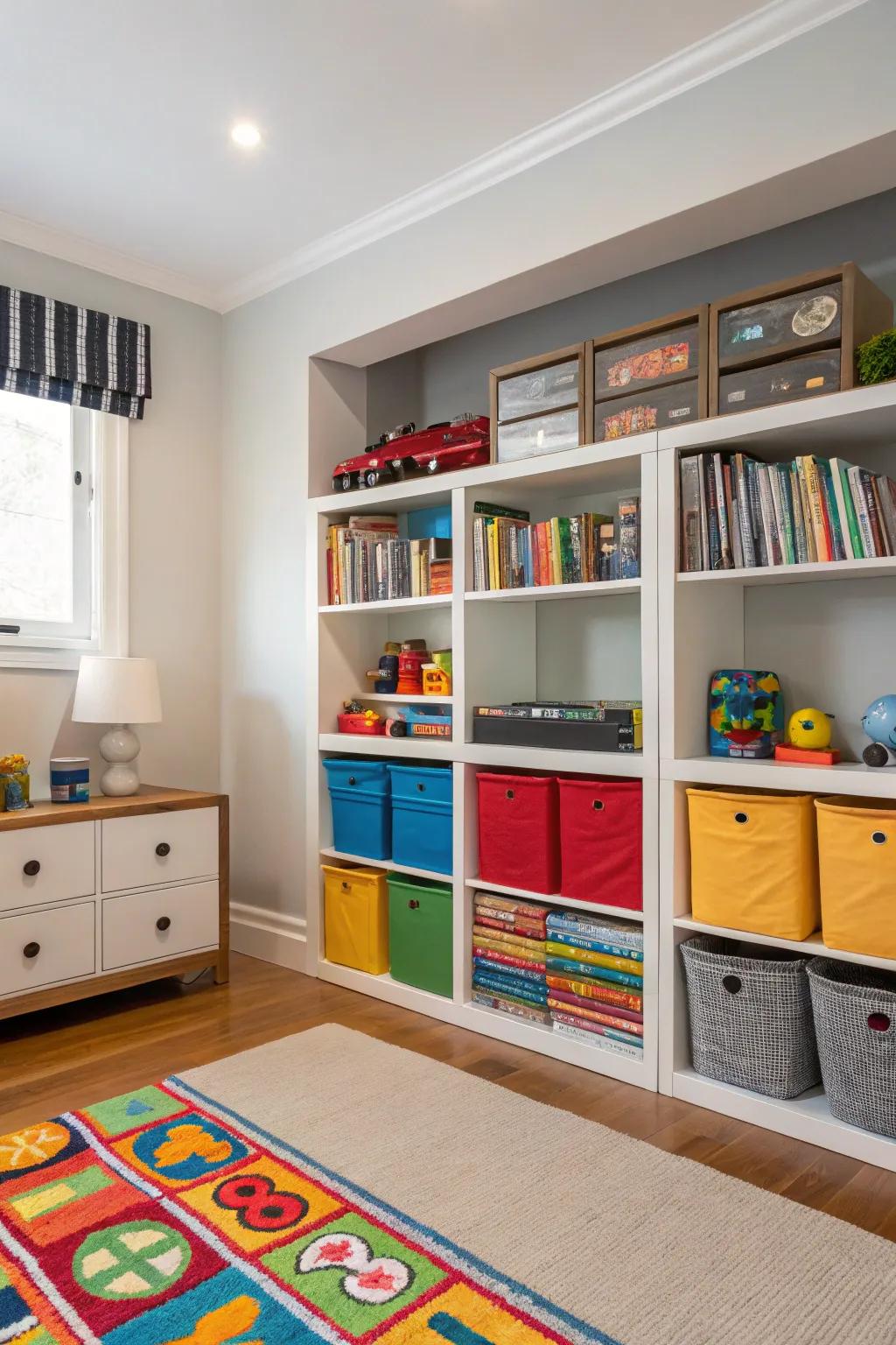 Organized storage keeps the room neat and inviting.