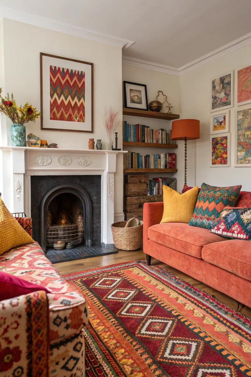 Striking hues craft a dramatic and energetic focal point above the fireplace.