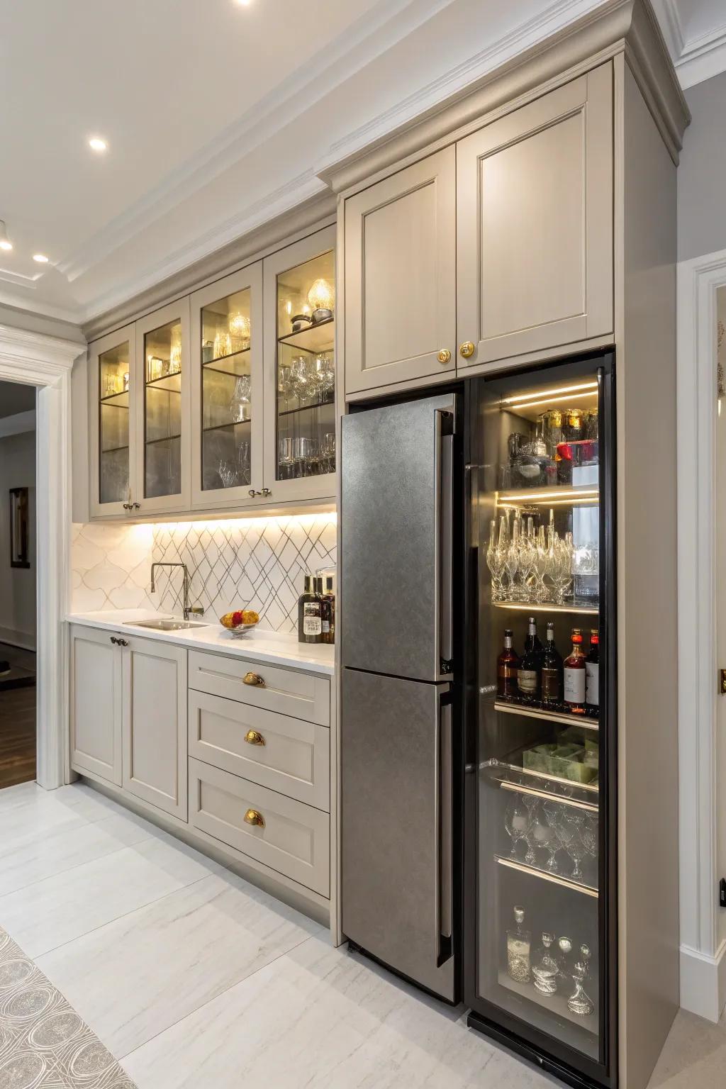 A concealed liquor cabinet adds a touch of sophistication above the fridge.