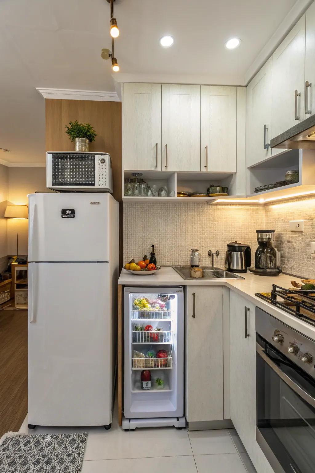 A compact refrigerator offers additional chilled storage in your kitchen.