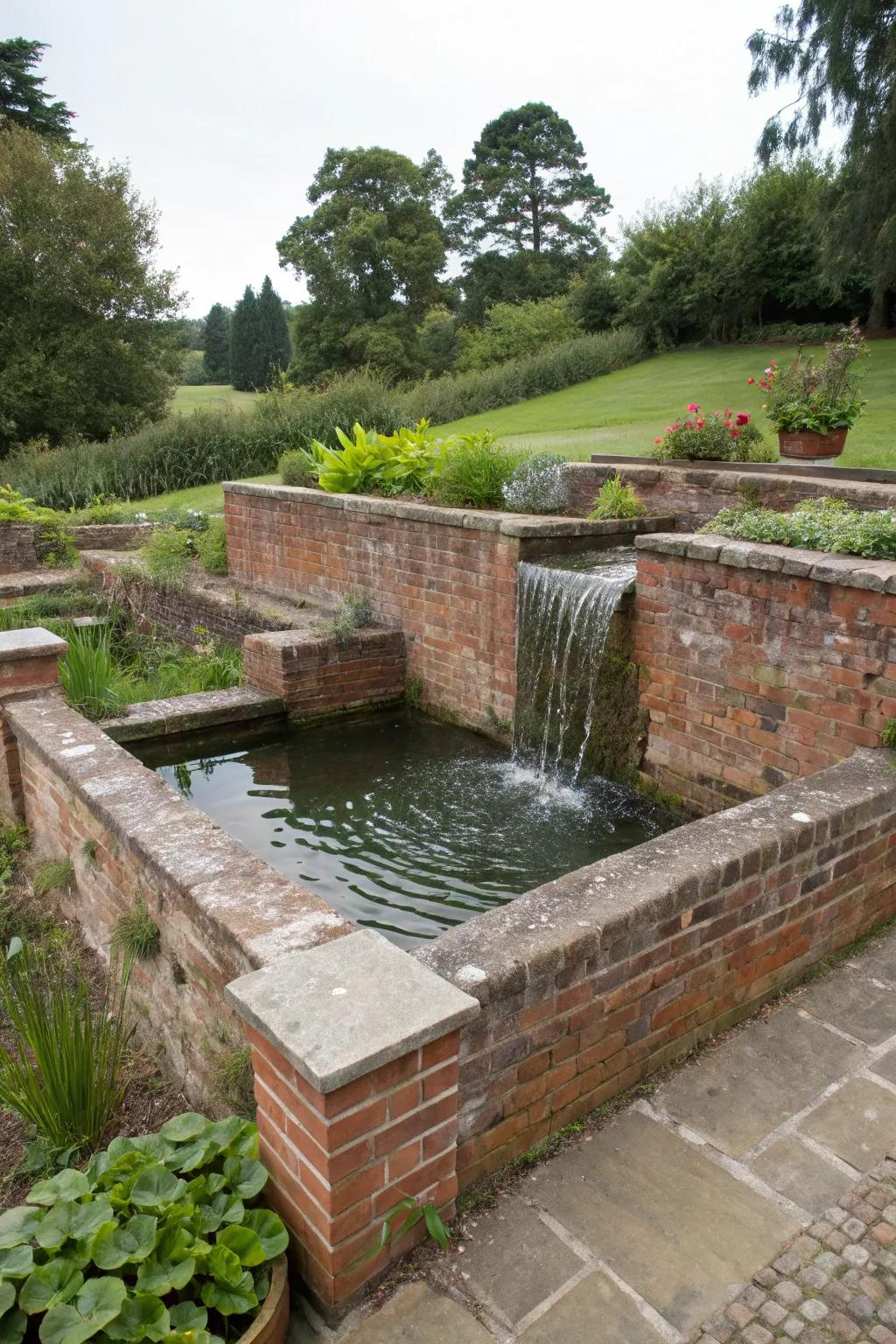 Rustic stone walls provide solid elegance to this elevated pond.