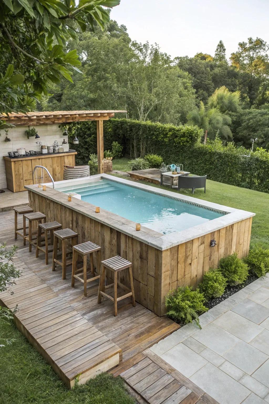 Eco-friendly materials make a stylish and sustainable poolside bar.