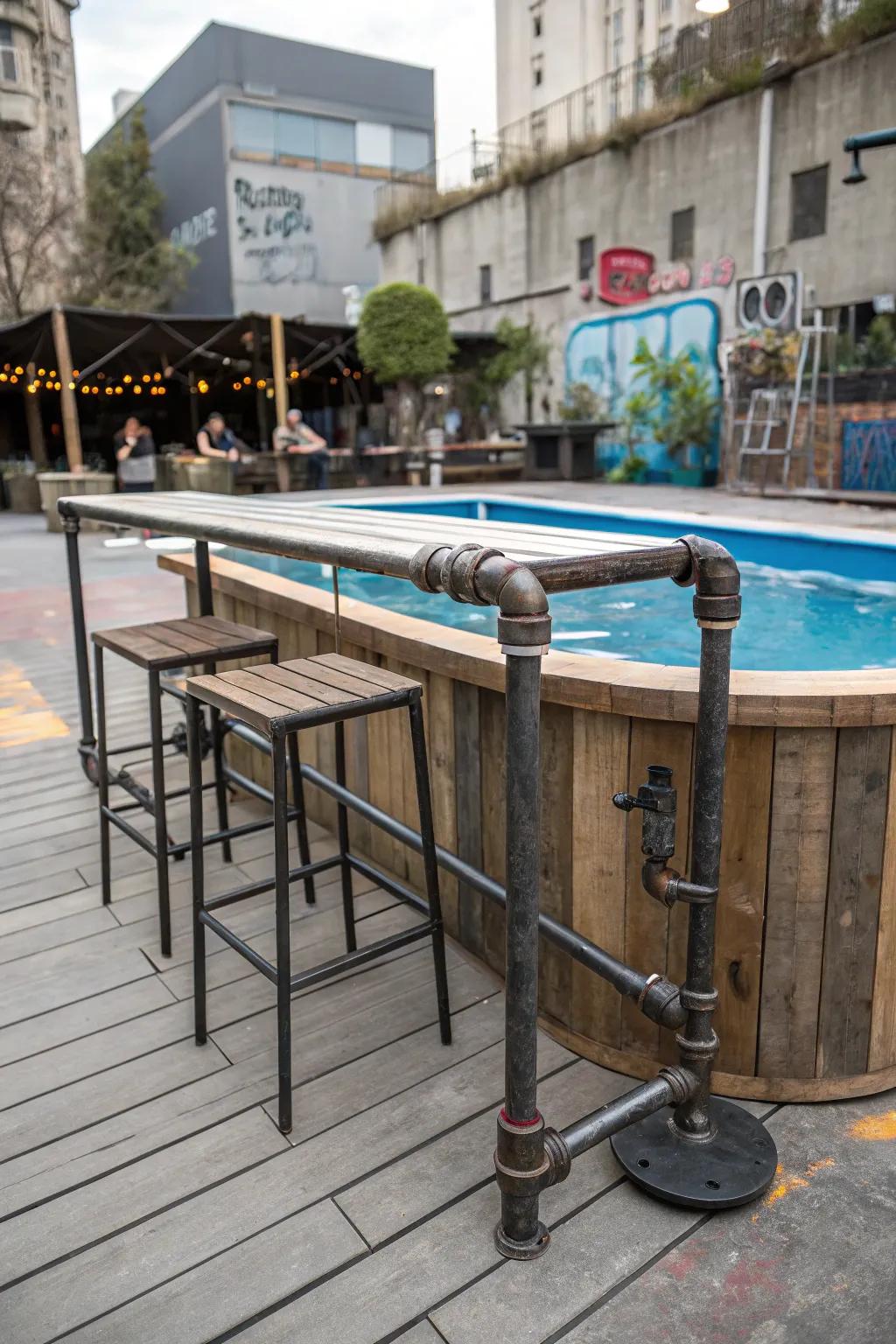 An industrial pipe bar table adds urban chic to your poolside.