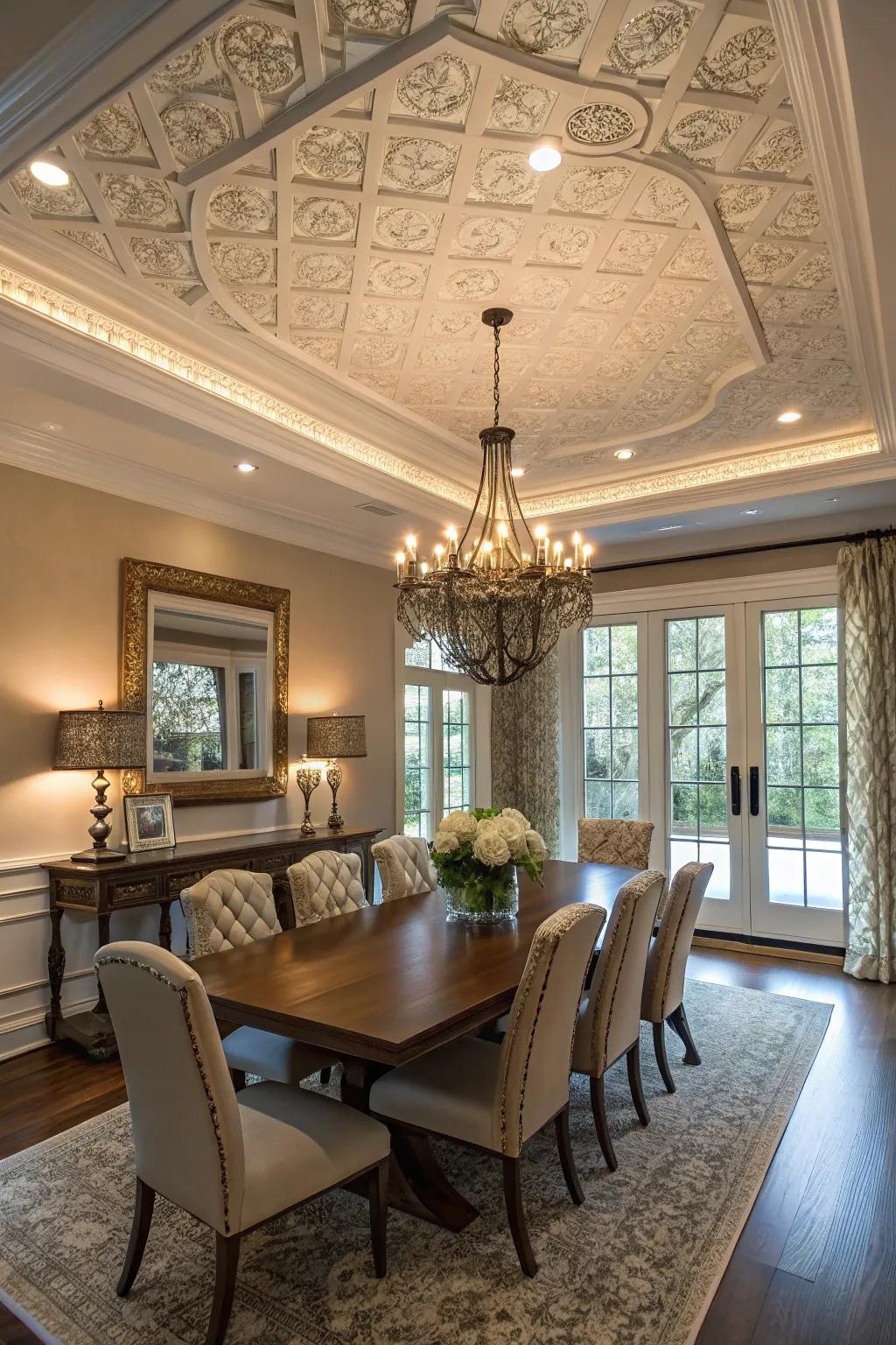 A transitional ceiling beautifully harmonizes classic and modern styles.