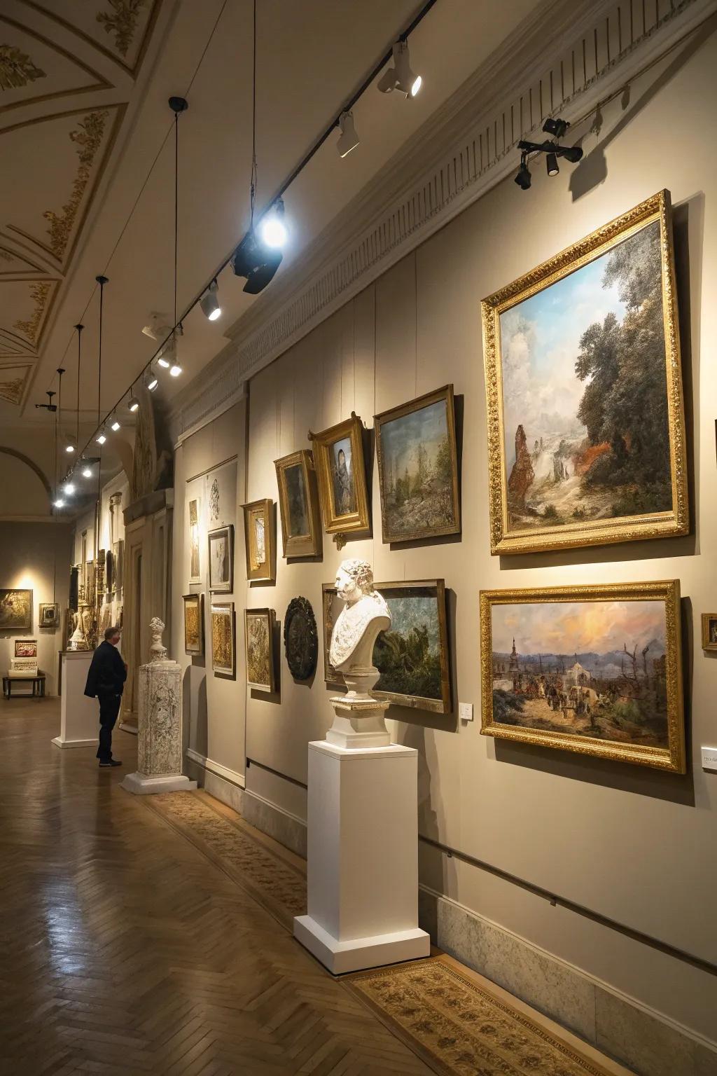 Spotlights create a striking effect on artwork and images on gallery walls.