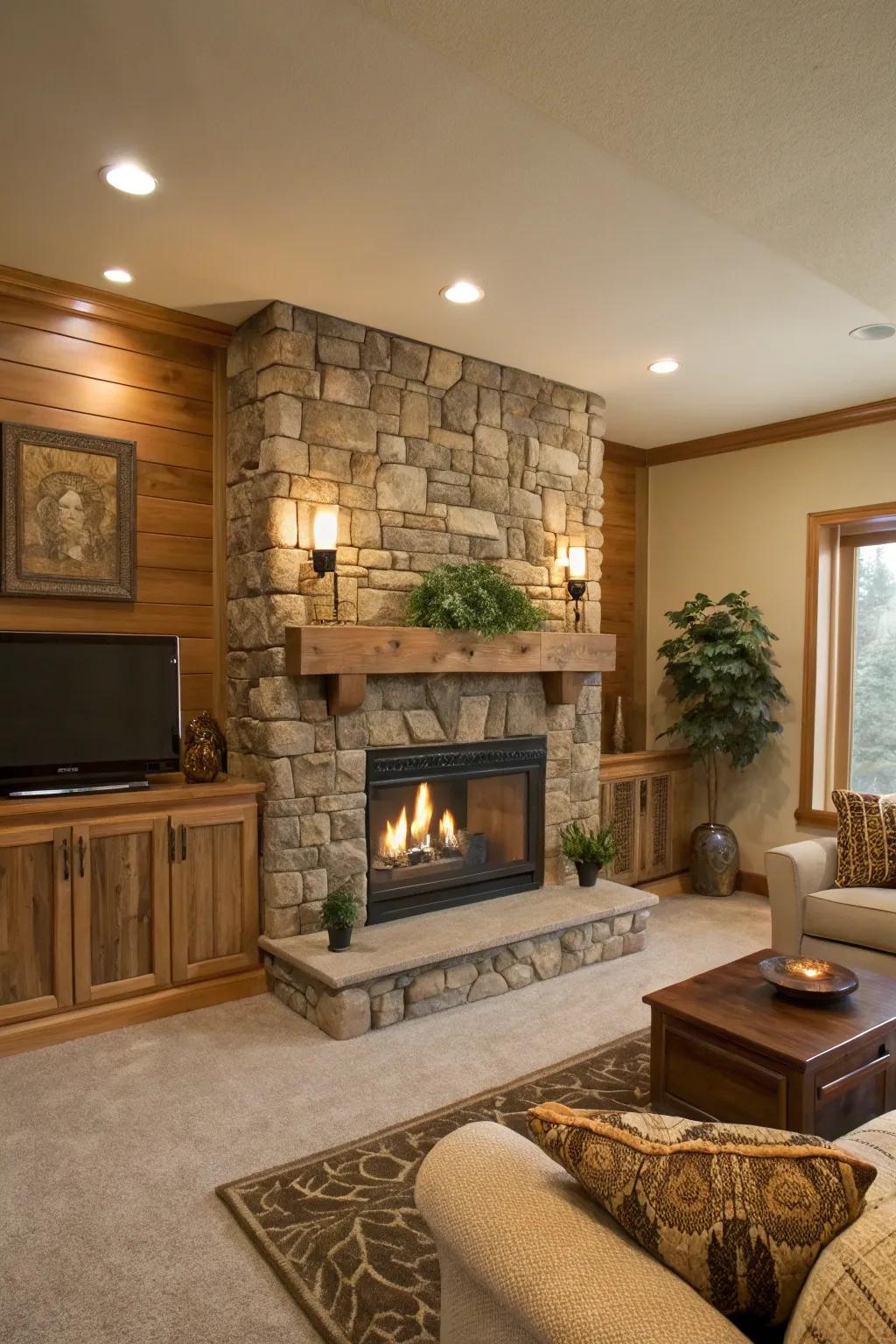 Nature-inspired aspects foster a tranquil, earthy atmosphere.