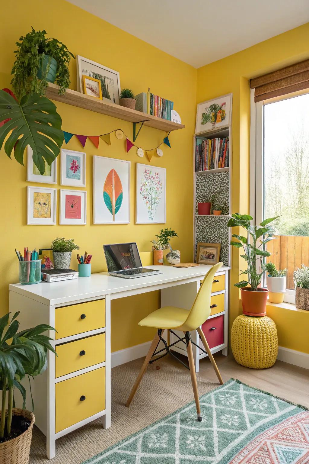 A home office featuring a sunny tone accent wall for a lively atmosphere.