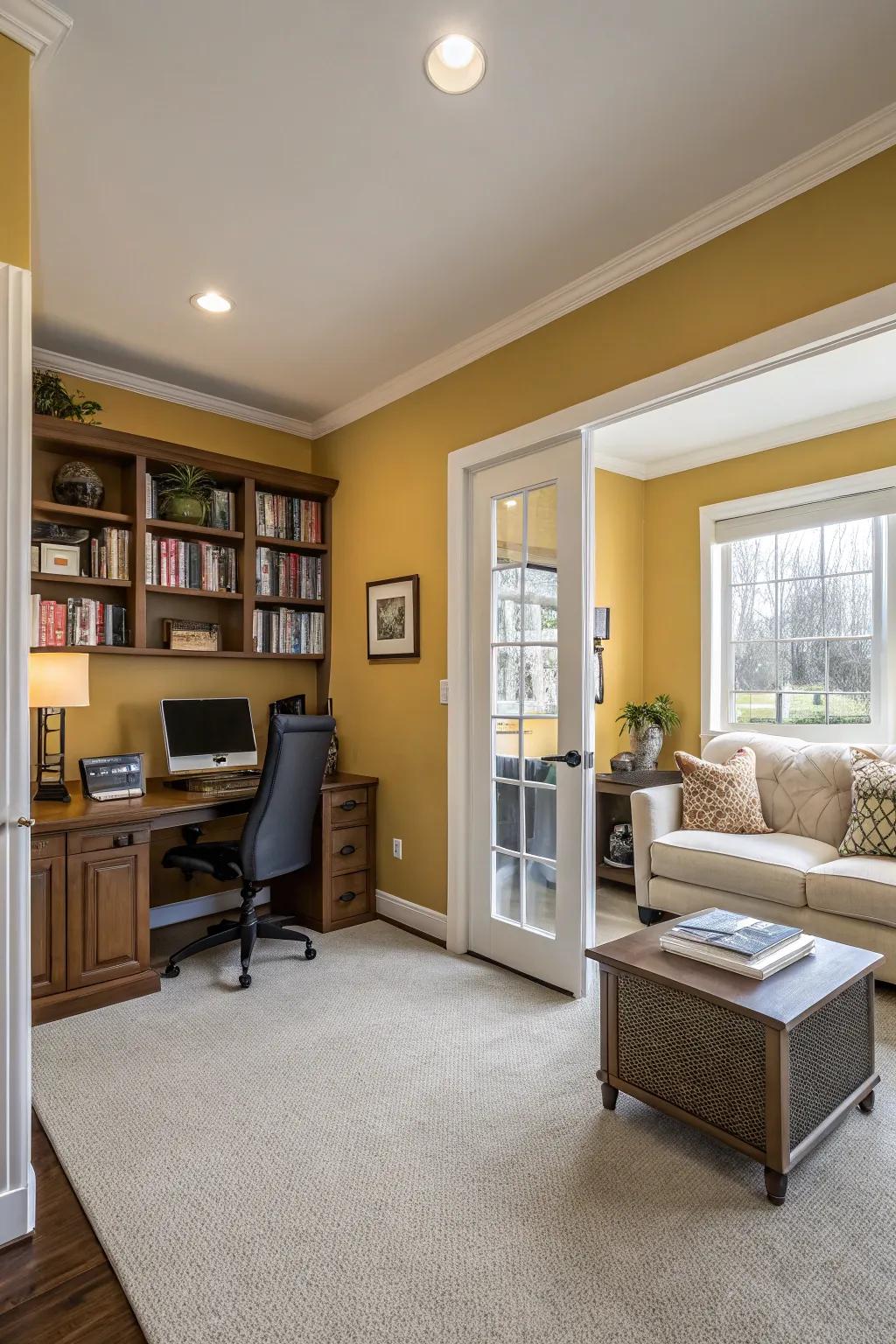 Dividing multi-functional areas using color-coded accent walls.