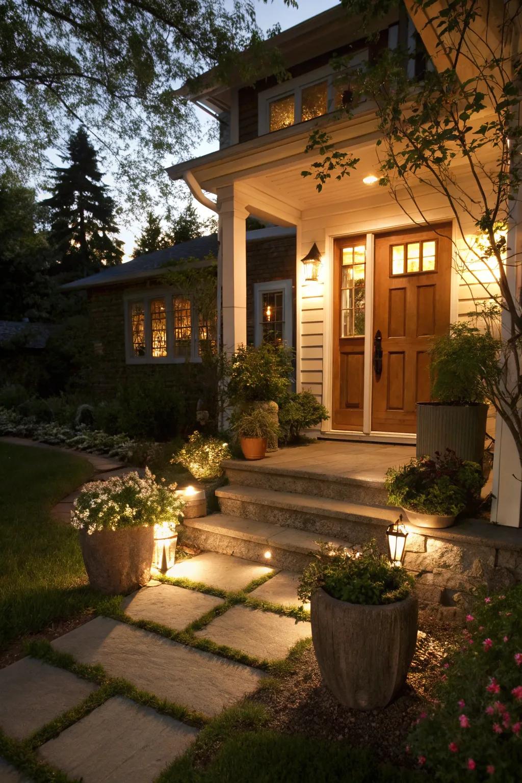 An inviting entryway featuring a charming pathway to the porch.