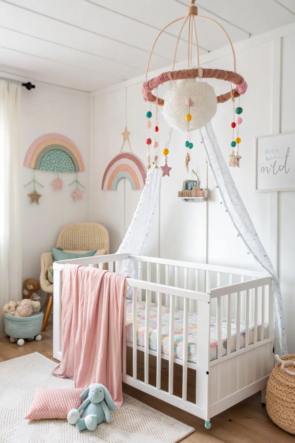 Unexpected decorative pieces inject a playful vibe into a white nursery.