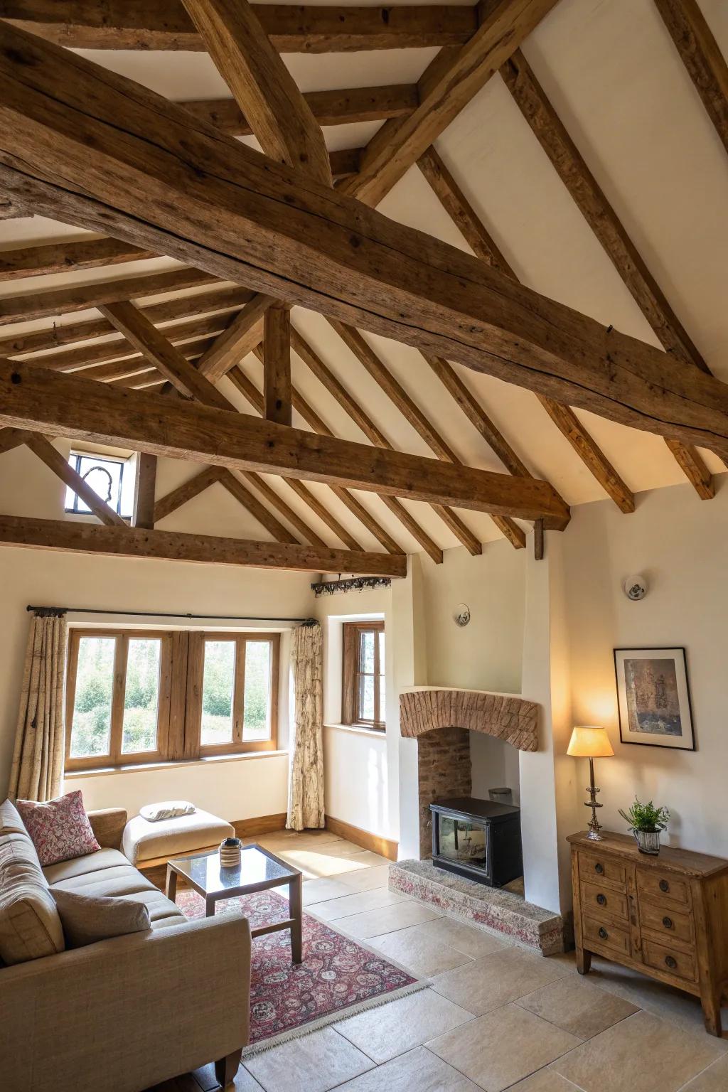 Exposed supports enhancing rustic charm to a colonial-style space.