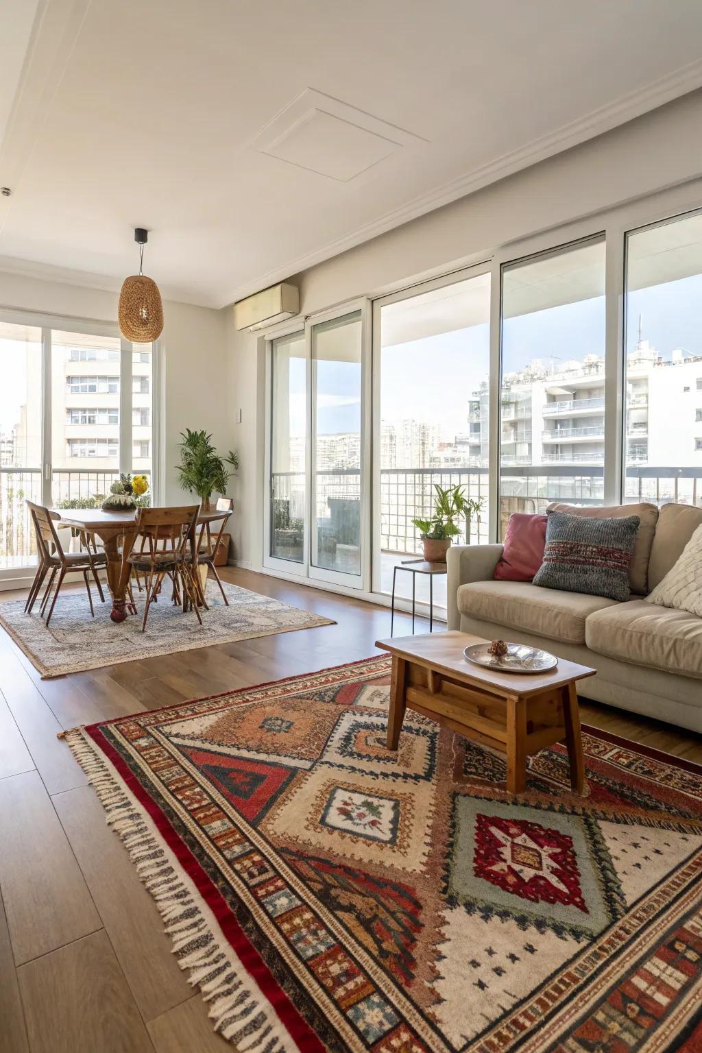 Rugs can separate open spaces into distinct zones.