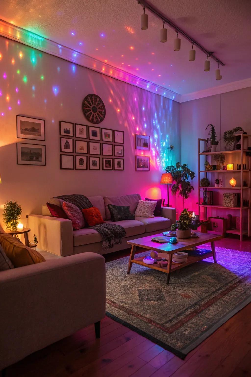 A lounge area featuring colored LED lights, adding a vibrant vibe.