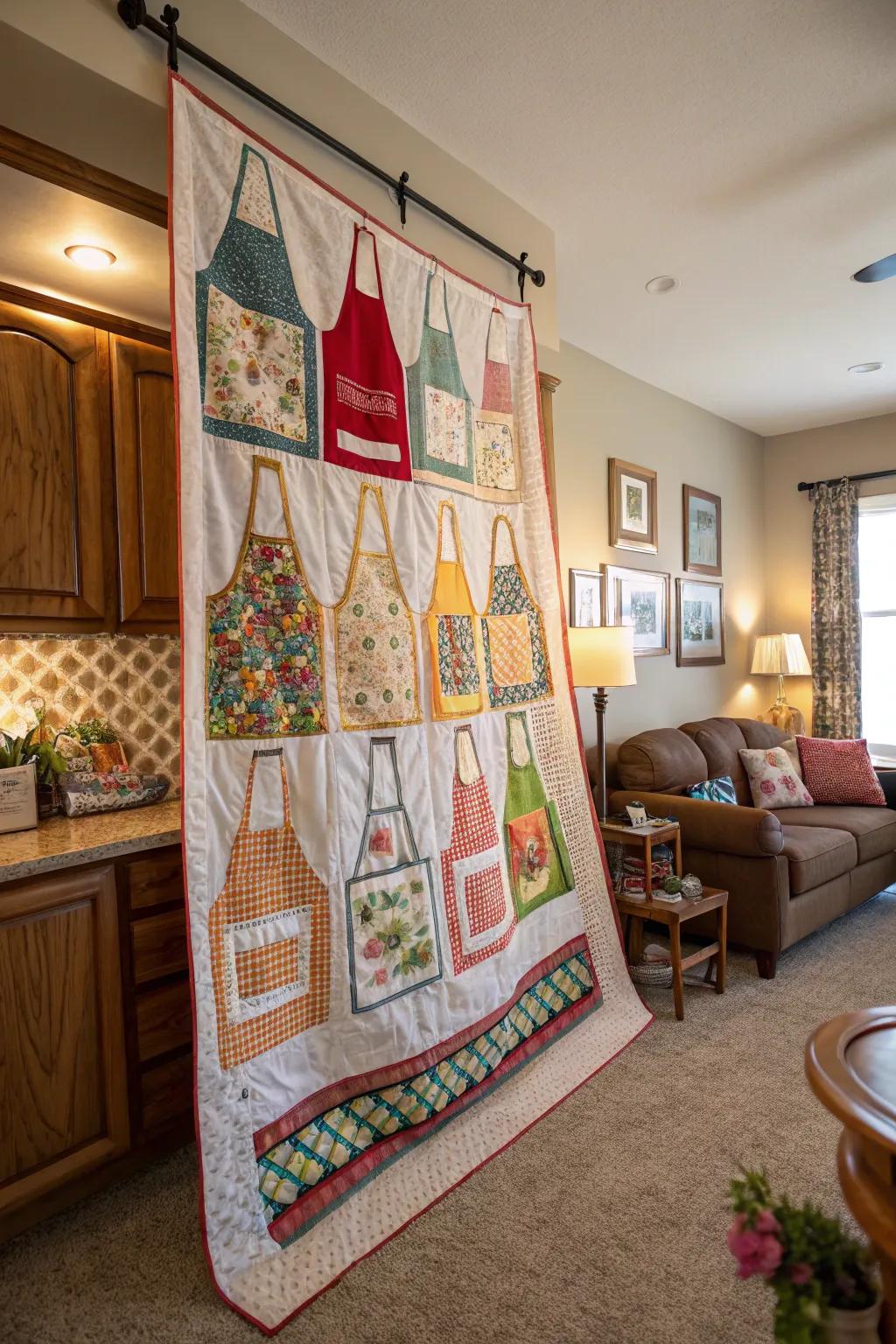 Craft a textile art wall decoration from aprons for a personal touch.