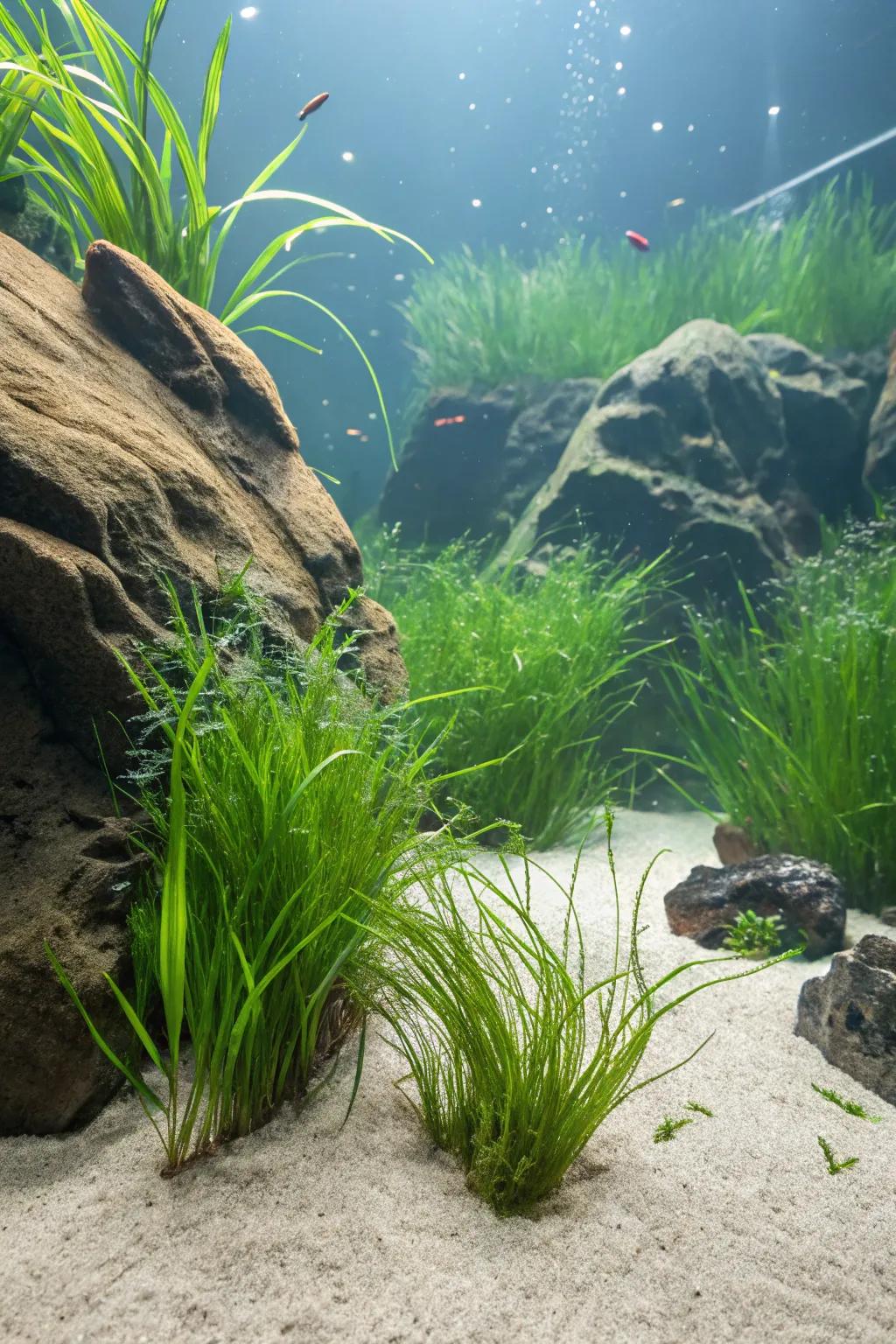 Design a tranquil underwater meadow with flowing grasses.