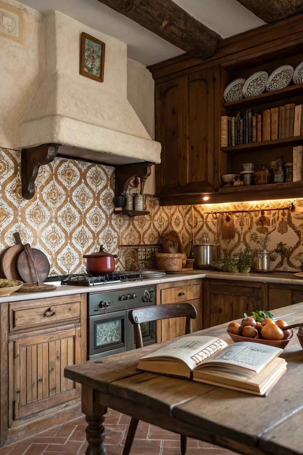 A rustic kitchen featuring earthy-toned arabesque tiles for natural charm.