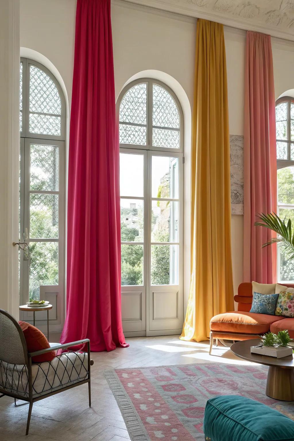 Vibrant modern room with bold colored curtains on arched windows.