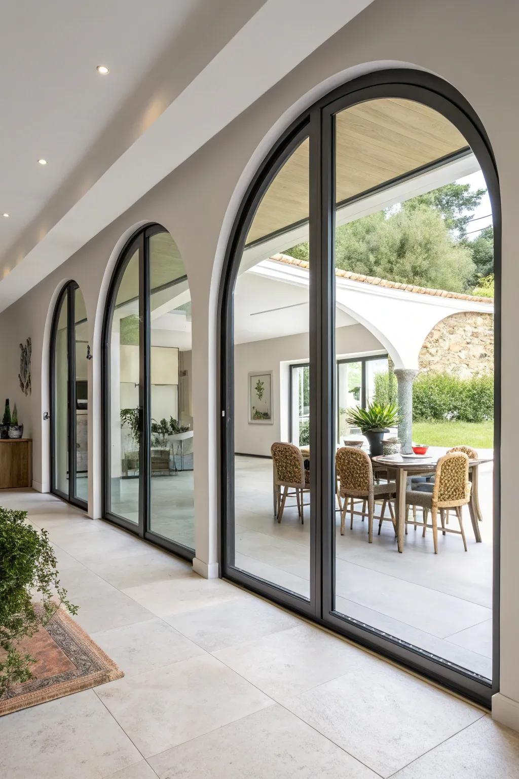 Innovative sliding doors perfectly adapted to arched openings in a contemporary space.