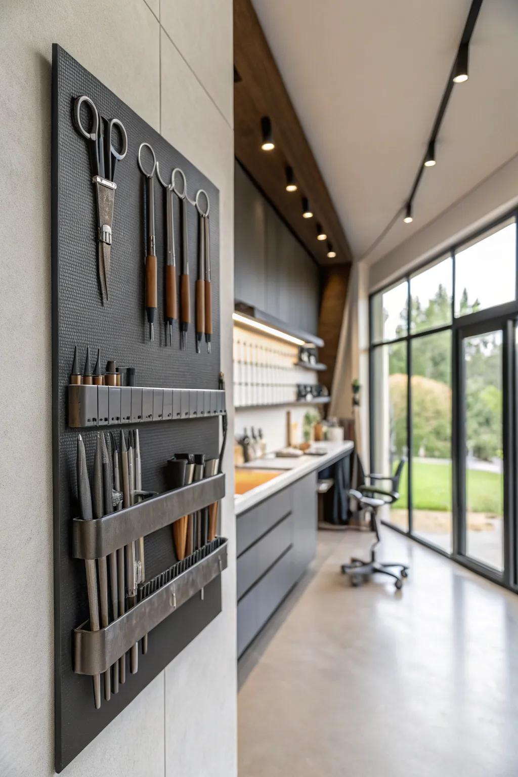 Magnetic strips help keep metal tools organized and within easy reach.