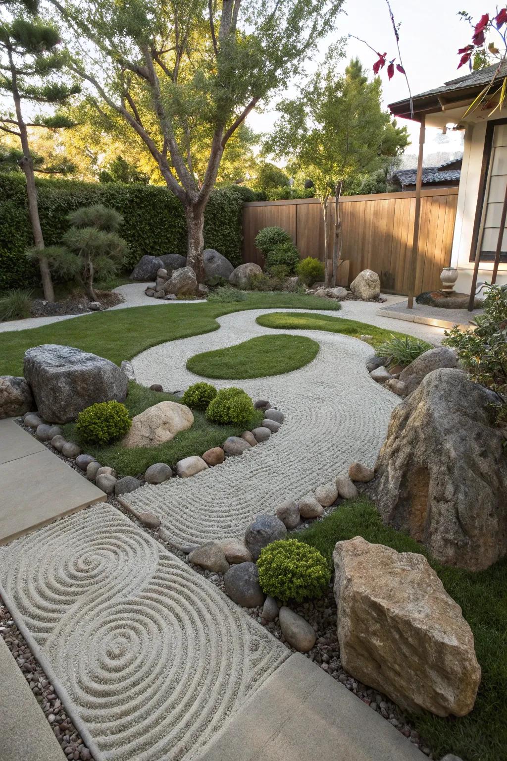 A peaceful Zen garden featuring vibrant synthetic turf.