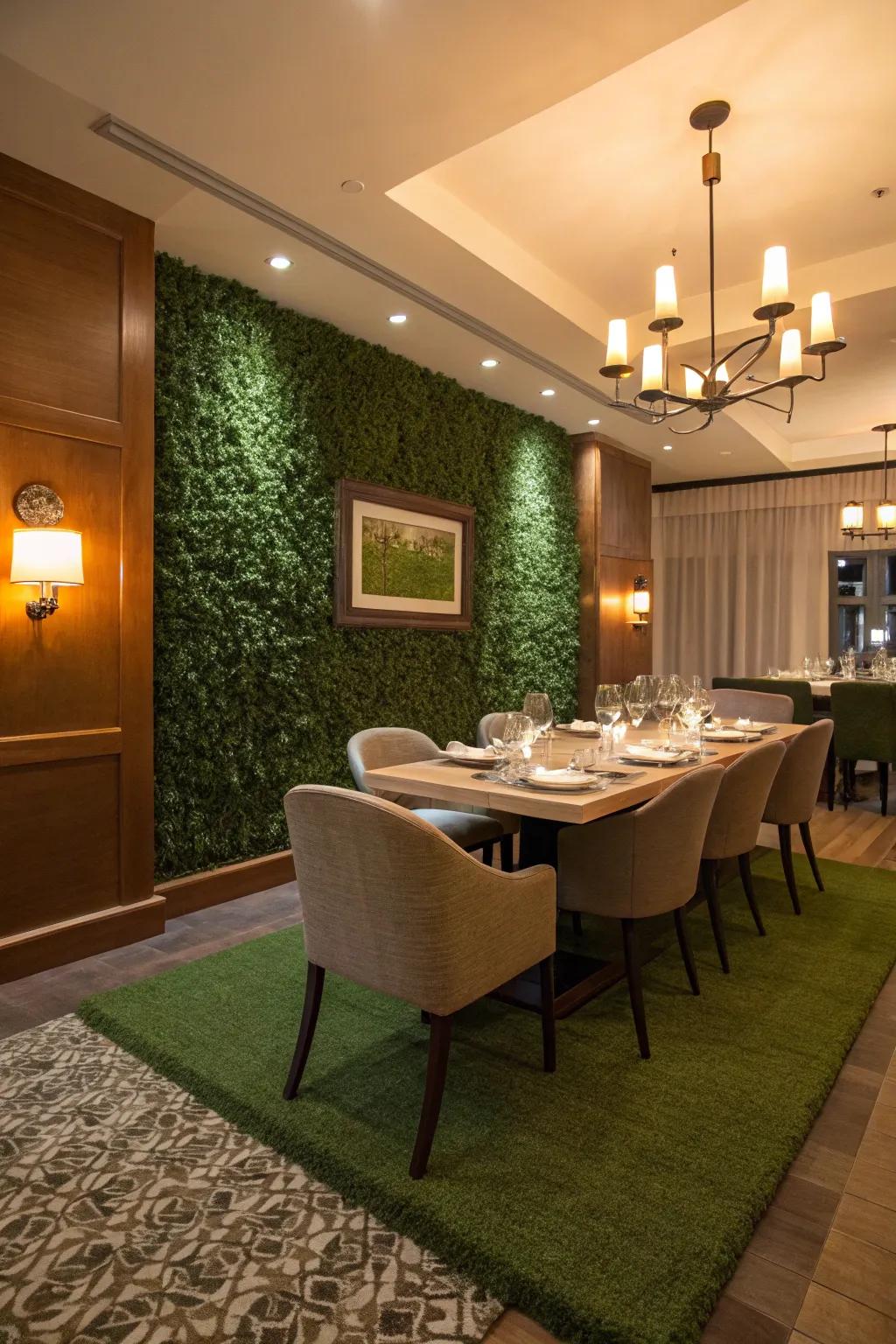 A dining room brought to life by the sophistication of a faux verdant wall.