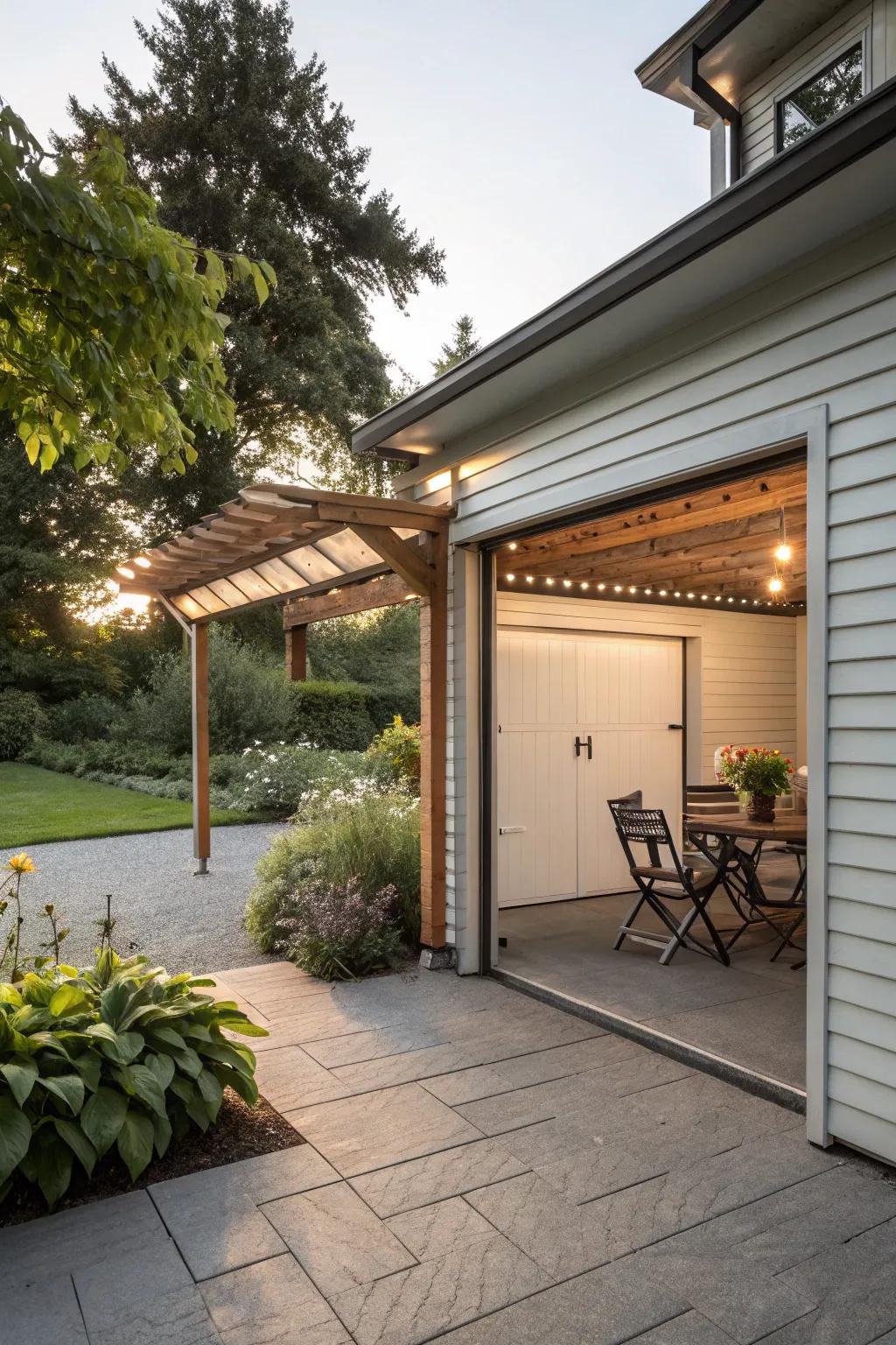An outdoor living extension that complements the garage area.