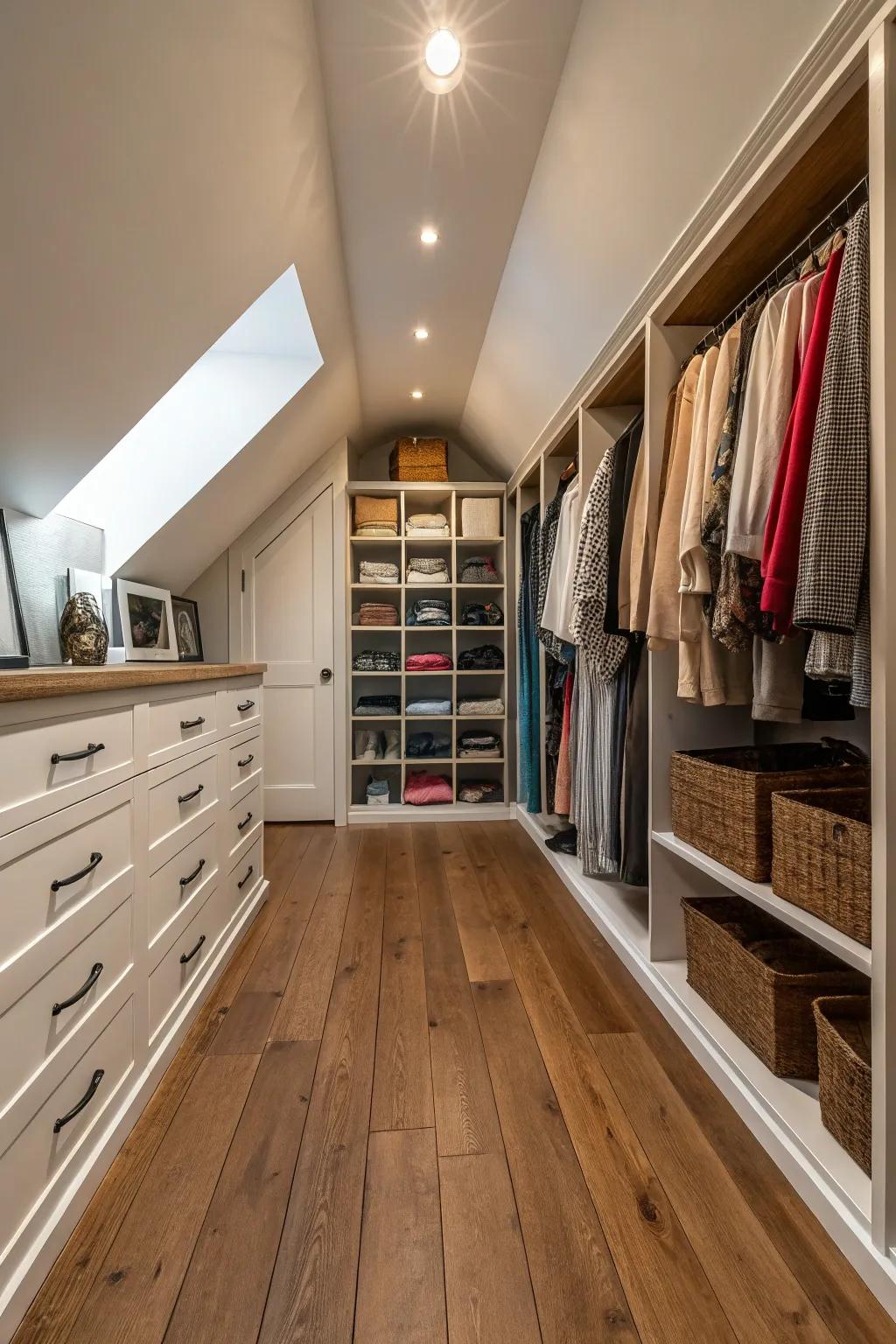 Stylish flooring elevates the attic closet’s ambiance.