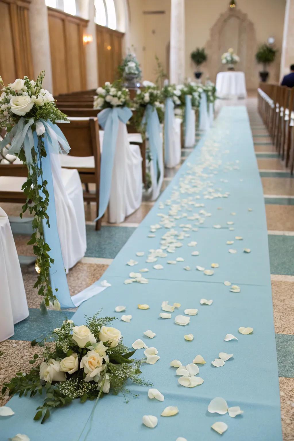 A light azure aisle decoration sets a romantic path for the ceremony.