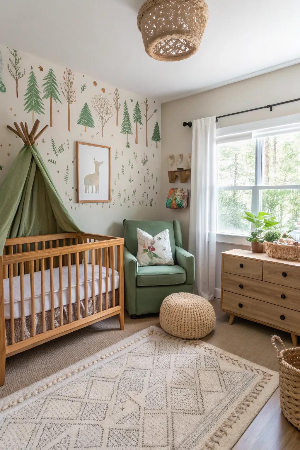 A woodland-themed nursery featuring natural tones and forest creatures.