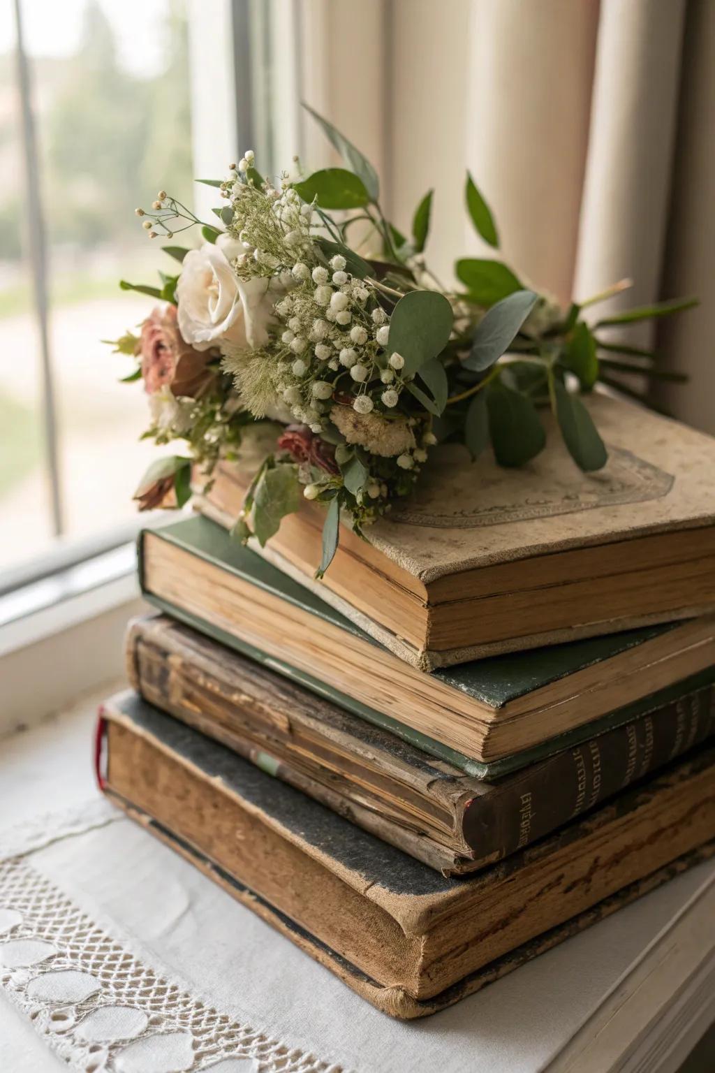Literary-inspired centerpiece with aged tomes and floral features.