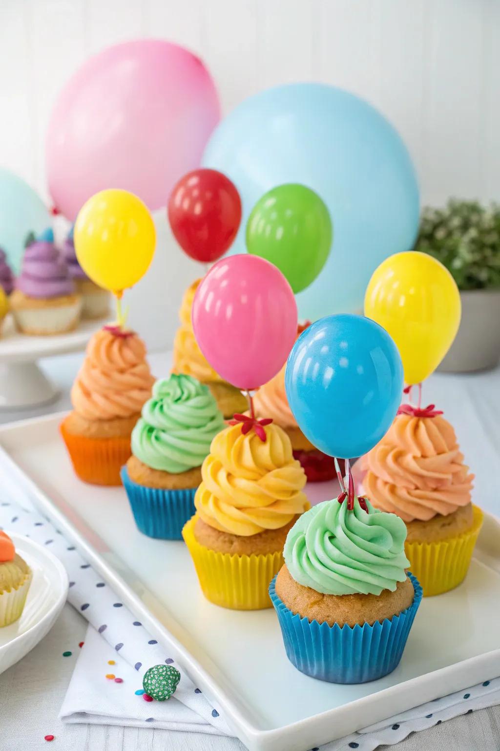 Balloon-themed cupcakes contribute a splash of fun to the celebration.