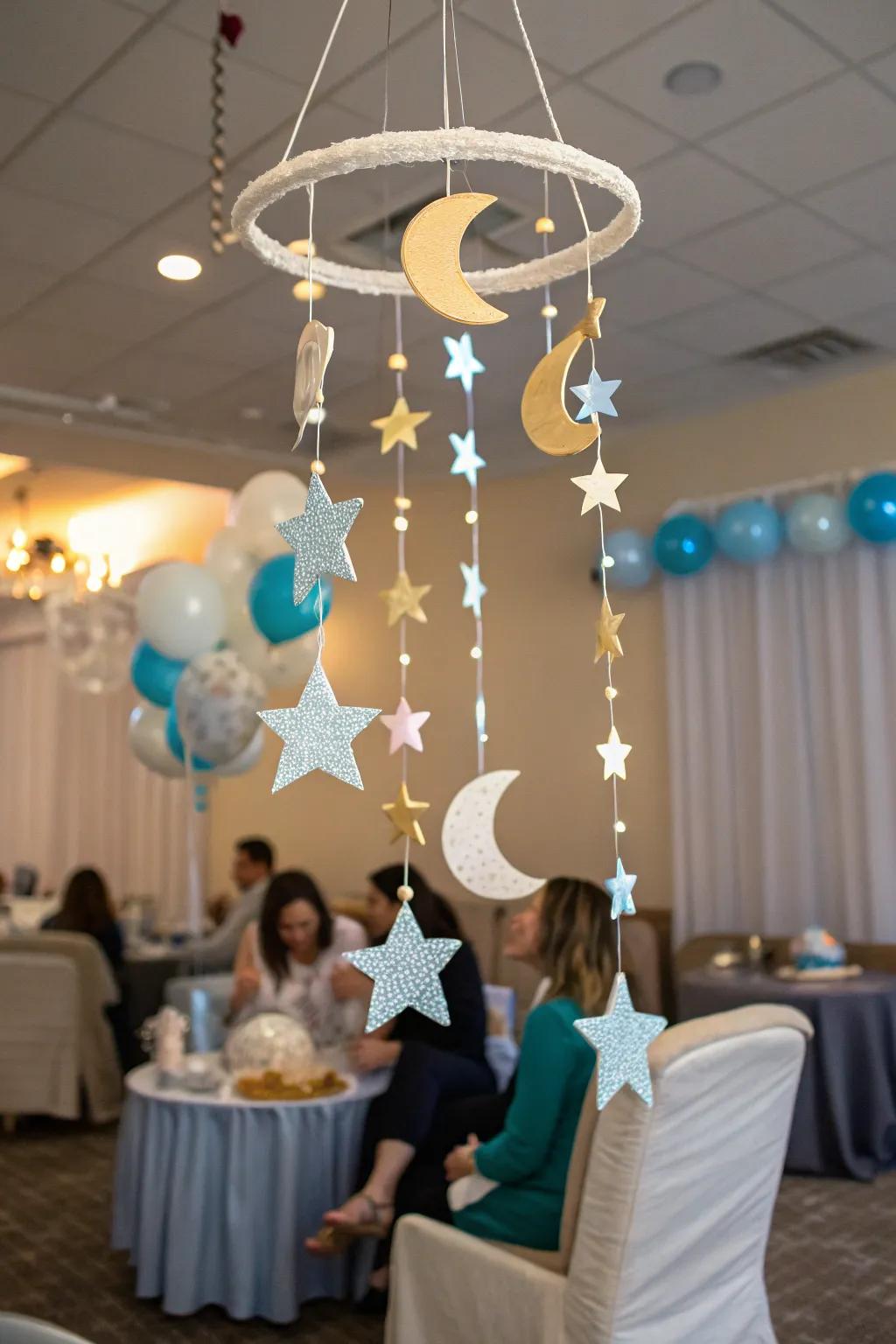 An imaginative art piece with celestial shapes adds a magical element to the baby shower decorations.