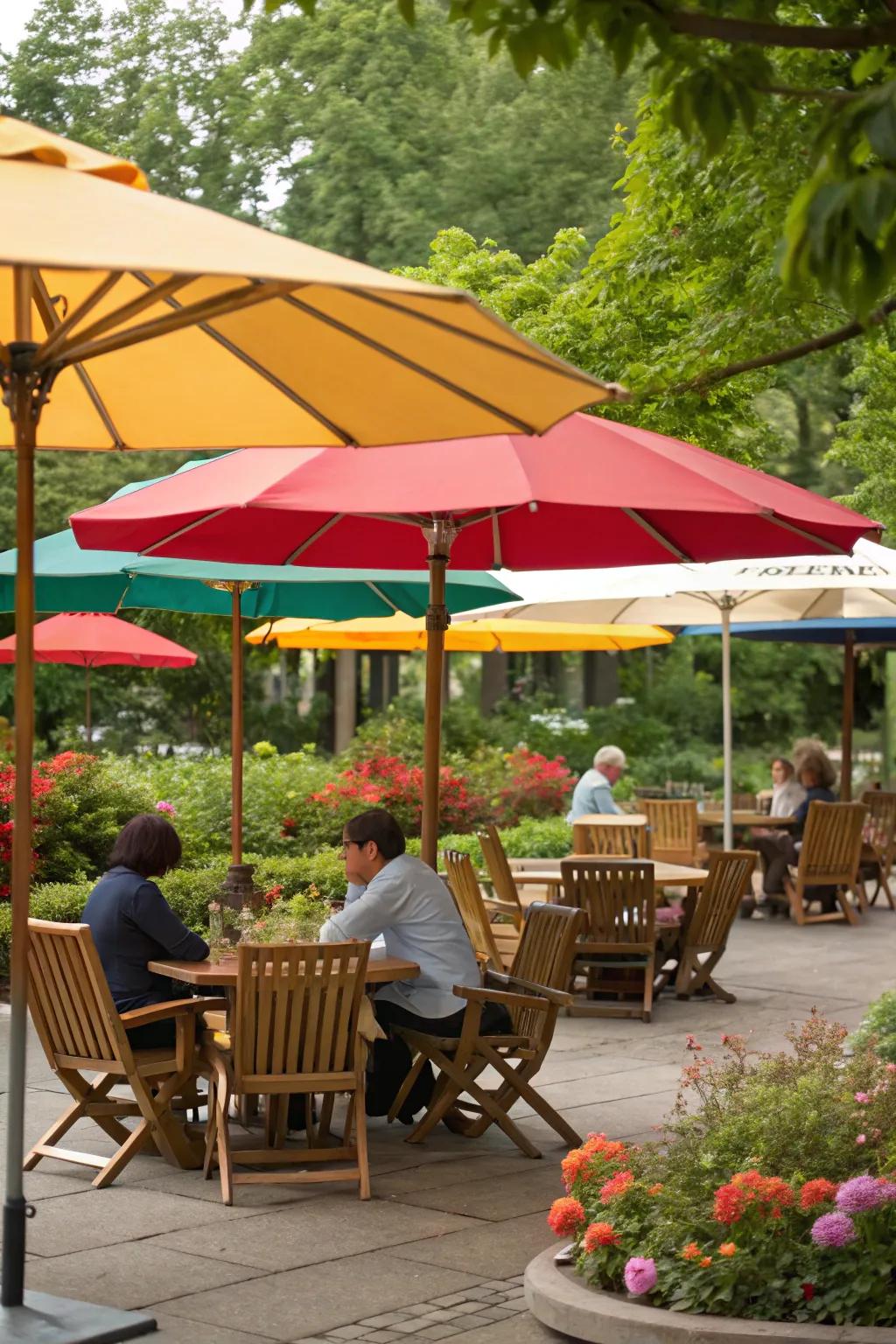 Outdoor seating area equipped with umbrellas and canopies for shade.