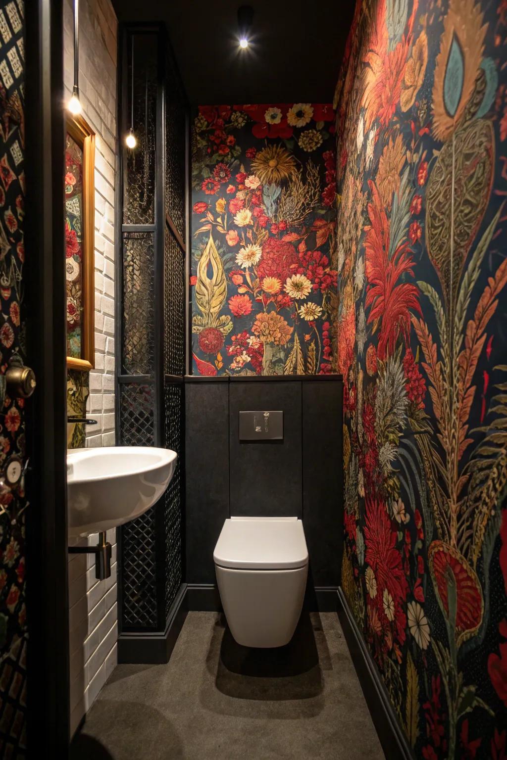 A striking statement wall adds drama to the bathroom.