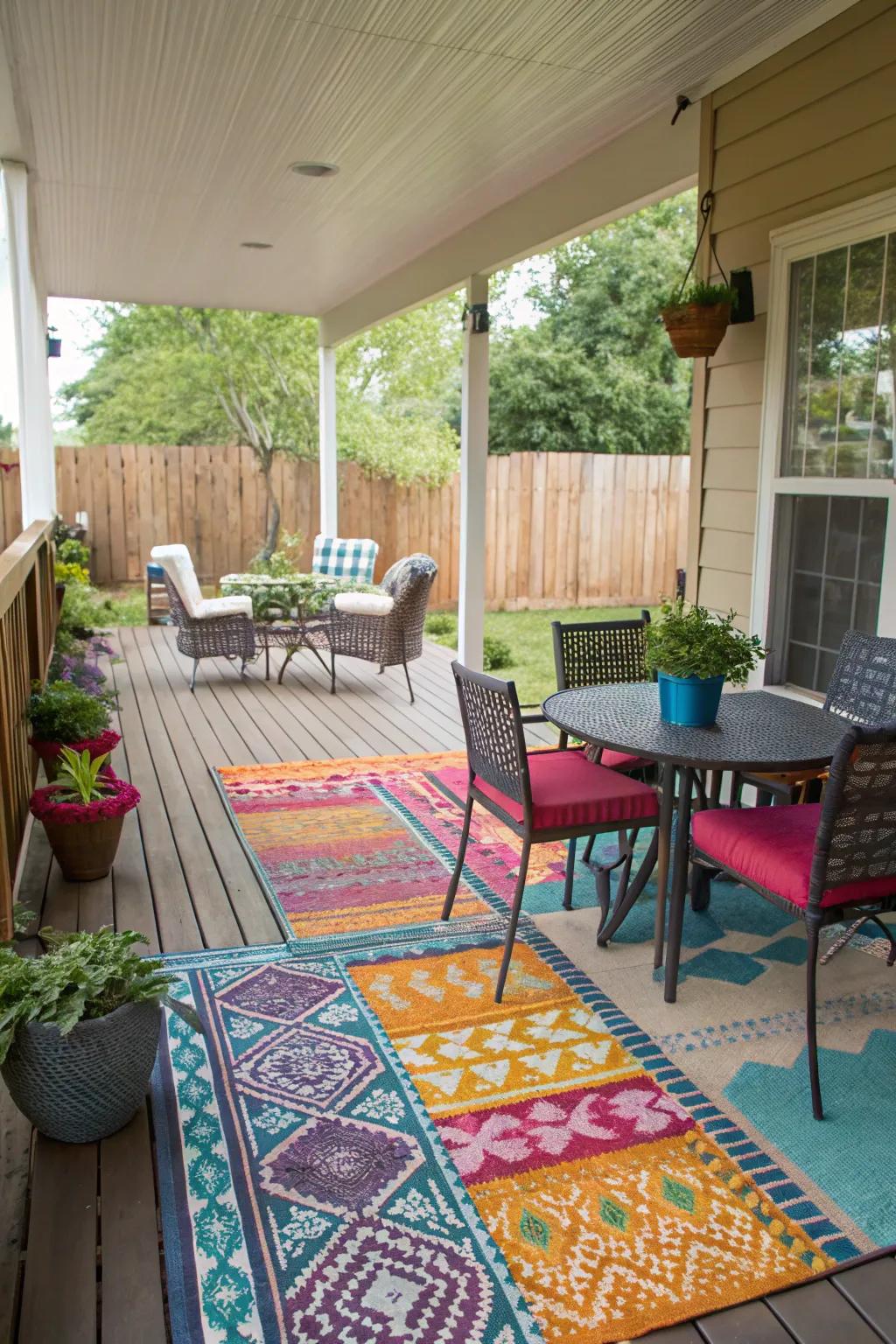 Delineate your porch areas with fashionable exterior rugs.
