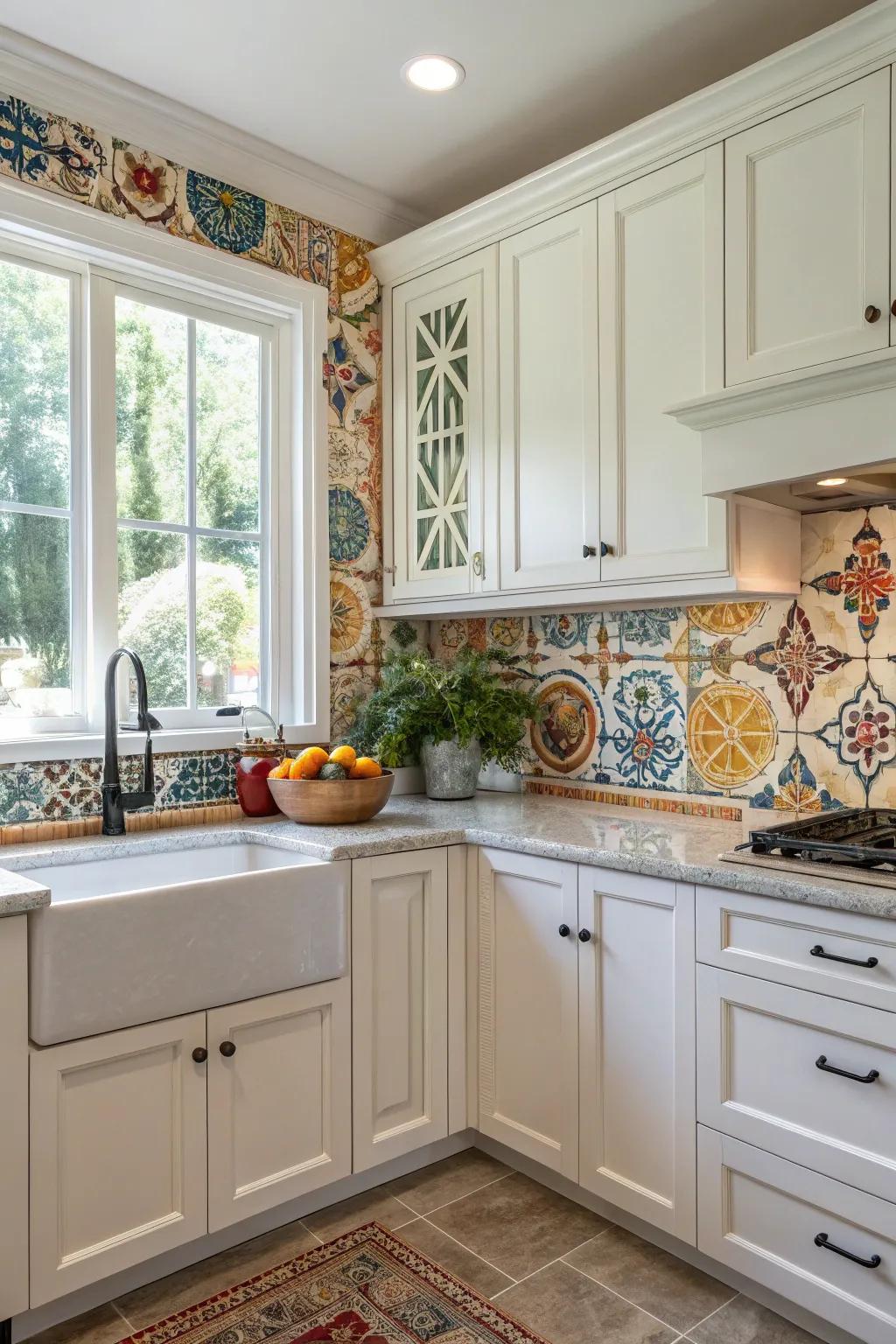 Bespoke decorated tiles introduce a unique artistic flair to this white kitchen.