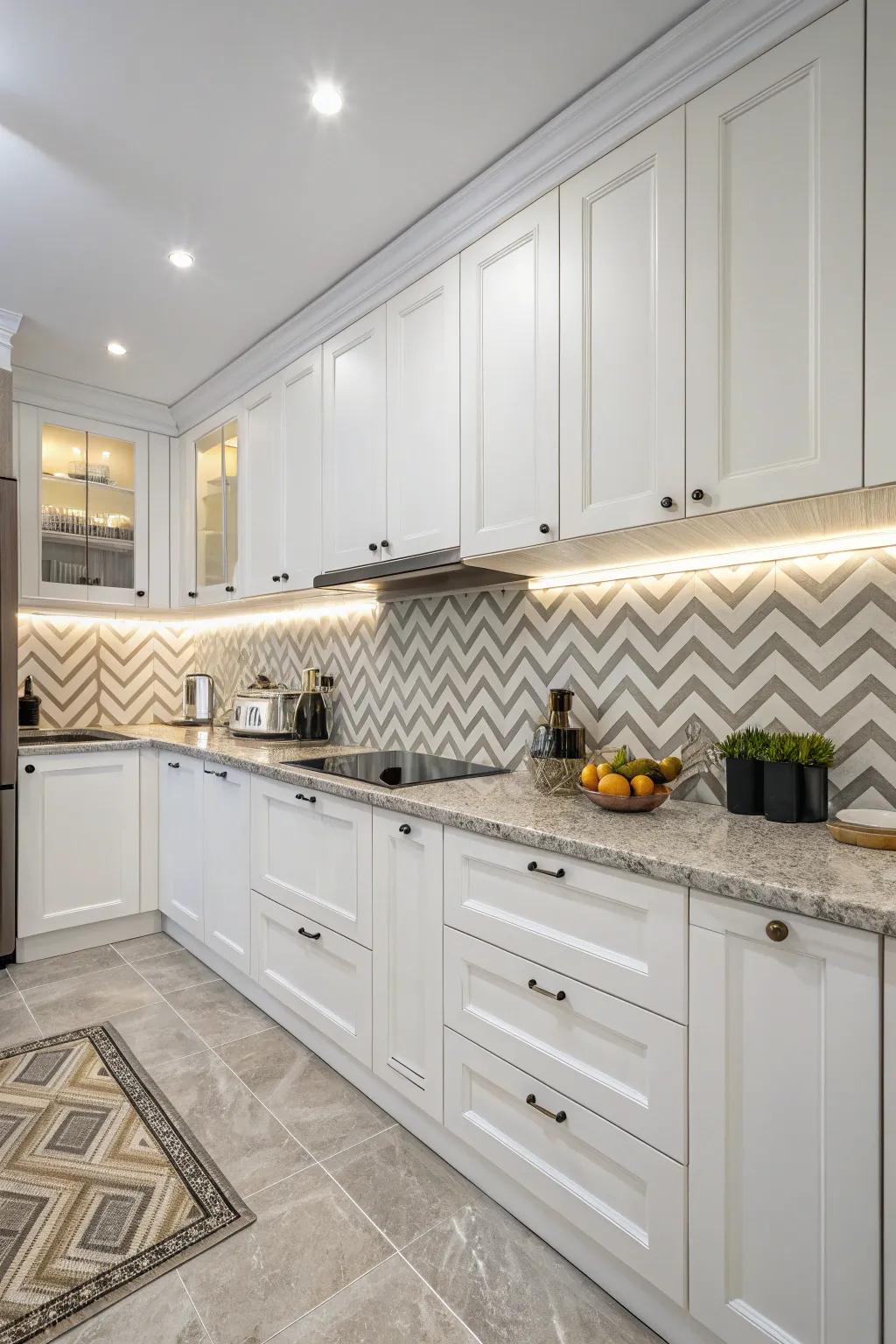 Chevron designs bring a sophisticated flow to the kitchen design.