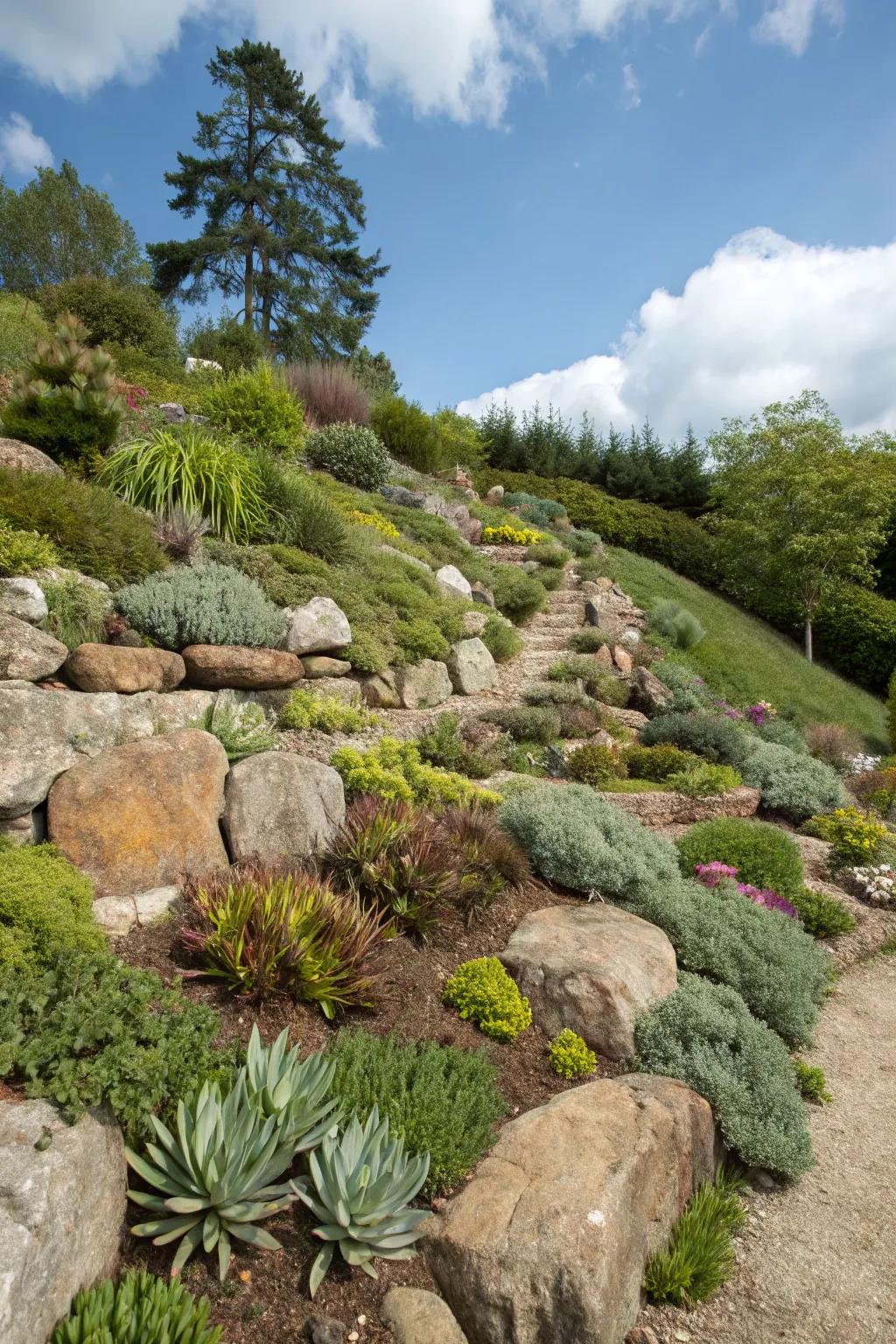 Stone gardens are a great way to use a hill&rsquo;s natural features.