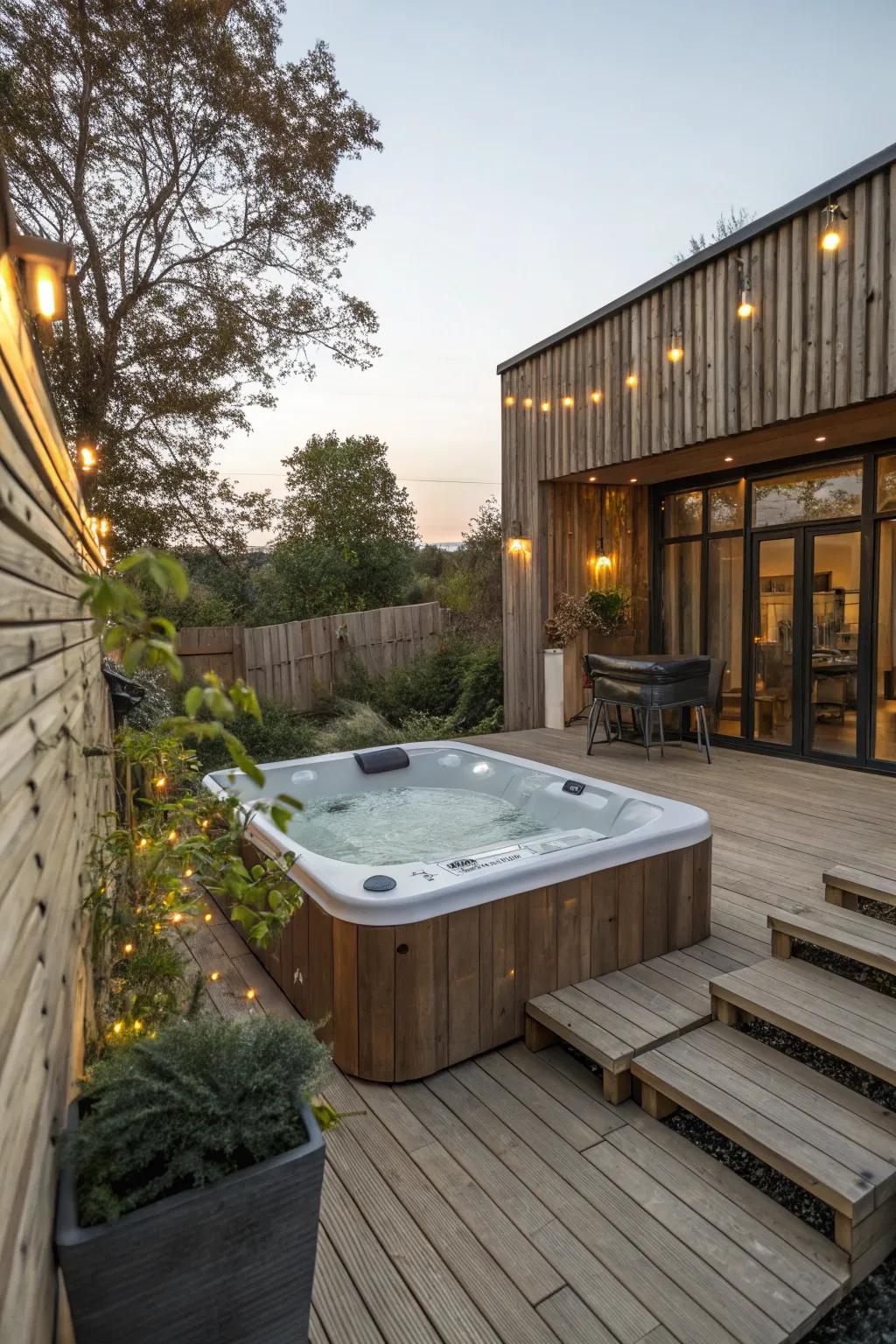 Blend modern and country elements to get a distinctive hot tub space.