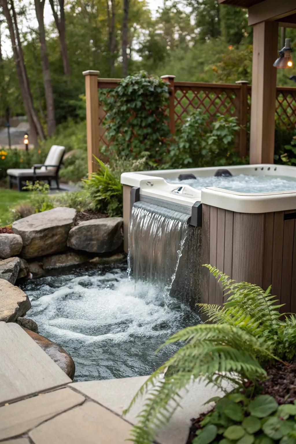 A water feature adds tranquility and an extra layer of privacy to your hot tub area.